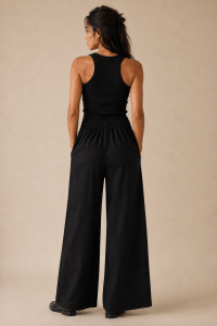 Black Jacquard Drawstring Wide-Leg Pants
