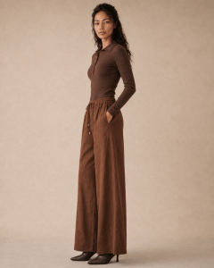 Brown Jacquard Drawstring Wide-Leg Pants