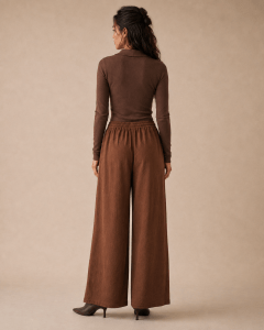 Brown Jacquard Drawstring Wide-Leg Pants