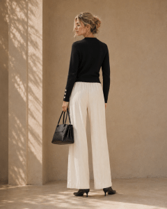 Ecru Jacquard Drawstring Wide-Leg Pants