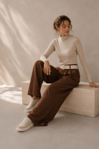 Brown Tie Belt Tencel Wide Leg Pants