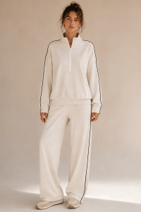 Ecru Contrast Line Half-Zip Set