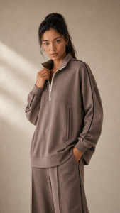 Brown Contrast Line Half-Zip Set